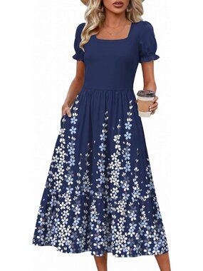 Zeagoo Women's Navy Blue Floral Flowy Casual Short Sleeve Tiered Midi Maxi Dress